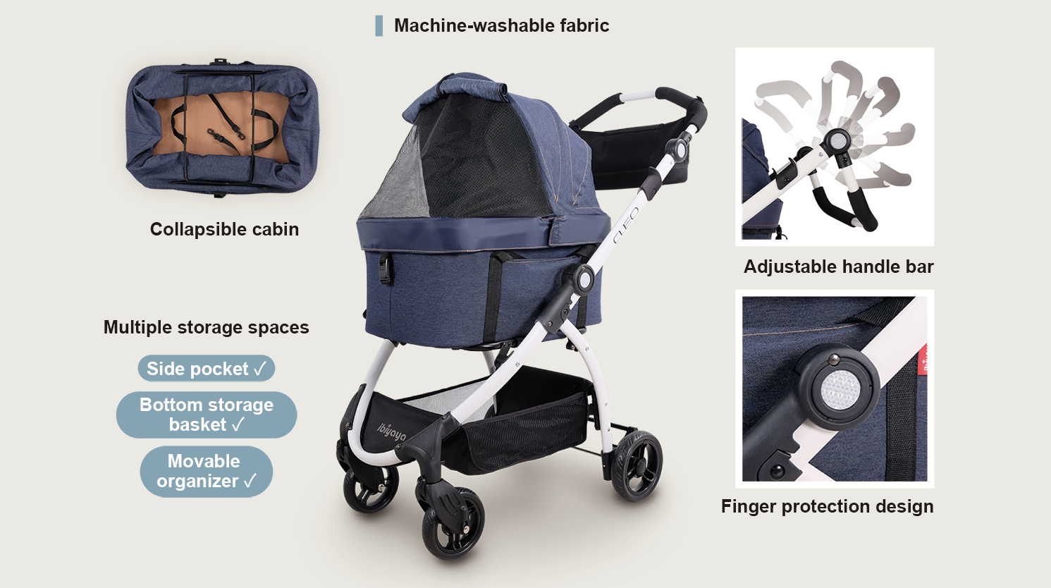 cleo dog stroller Ibiyaya Cleo 3-in-1 Medium Pet Stroller For Pets Up to 20kg -- Blue Jeans