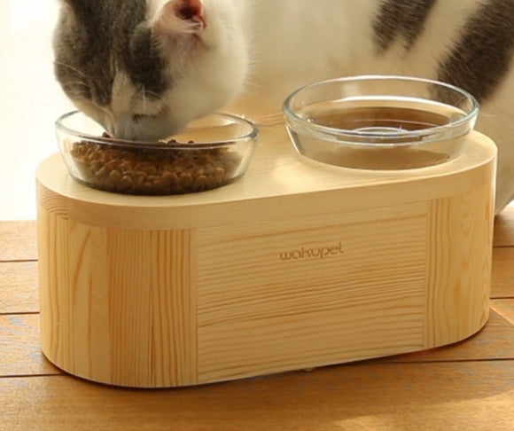 Wakupet Double Glass Bowls Raised Wooden Feeder